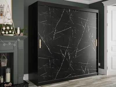 Kledingkast MARMUTA 2 schuifdeuren 200 cm zwart/marmer zwart