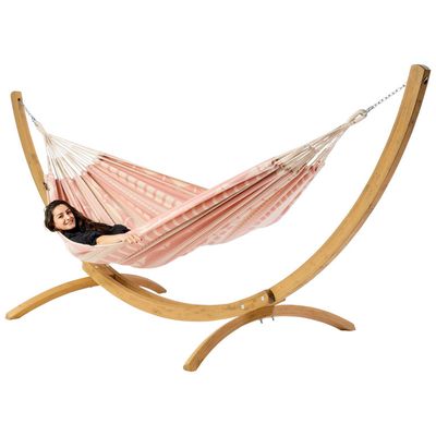 Familie hangmat met houten standaard - 400x180cm - Roze - 200kg draagkracht- 100% katoen - binnen & buiten