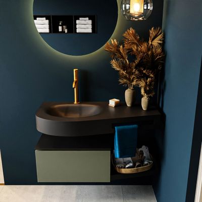 MONDIAZ RIVA 100cm badmeubel onderkast / planchet kleur Army met 1 lade. Wastafel DULCET links 1 kraangat kleur Urban.