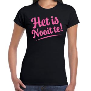 Verkleed T-shirt dames - het is nooit te! - zwart - glitter roze - foute party