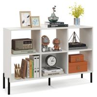 Open Boekenkast met 6 Vakken 2 Niveaus Hout Verhoogde Metalen Poten 5-Positie Verstelbare Planken Anti-Kantelset voor Thuis Wit/Natuurlijke