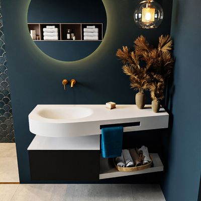 MONDIAZ RIVA 120cm badmeubel onderkast / planchet kleur Urban met 1 lade. Wastafel DULCET links 0 kraangaten kleur Talc.