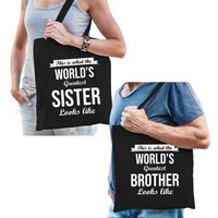 Worlds greatest Brother en Sister tasje zwart - Cadeau Broer en Zus   - - thumbnail