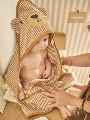Badcape + washandje PETIT OURS, met gerecycled katoen beige, gestreept