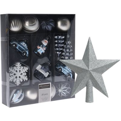 Kerstballen en ornamenten incl. ster piek blauw/zilver kunststof