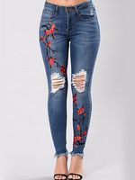 Distressed Embroidery Raw-Hem Slim-Leg Jeans