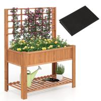 Houten Verhoogd Bed met Trellis & Opbergruimte Bloemenbed met Afvoergaten Tuinbed Plantenbak Bruin