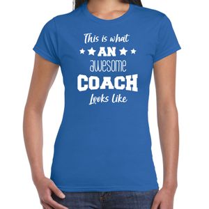 Cadeau t-shirt voor dames - awesome coach - coach bedankje - blauw