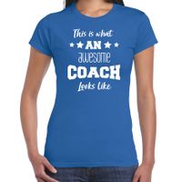 Cadeau t-shirt voor dames - awesome coach - coach bedankje - blauw - thumbnail