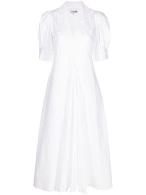 GANNI robe mi-longue en coton biologique à col v - Blanc