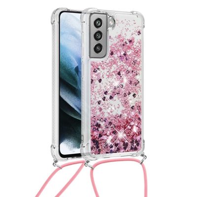 Lunso - Backcover hoes met koord - Samsung Galaxy S21 FE - Glitter Rose Goud