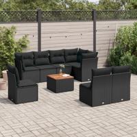 9-delige Loungeset met kussens poly rattan zwart