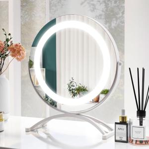 30 cm Ronde Make-Up Spiegel met LED Verlichting Intelligente Touch Control 3-Kleuren Dimbare Verlichting 360° Draaibaar Metalen Frame Wit