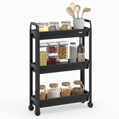 Smalle Rolwagen 3-/4-Traps Badkamerorganizer met Handgrepen en Wieltjes Multifunctionele Opbergwagen-Zwart-3-laags