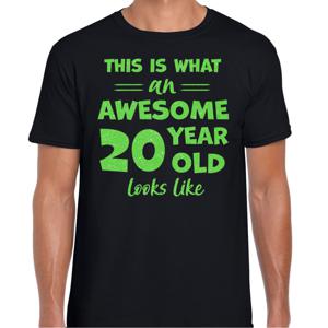 Cadeau T-shirt voor heren - leeftijd 20 jaar - awesome - zwart - glitter groen - Verjaardagsfeest