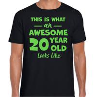 Cadeau T-shirt voor heren - leeftijd 20 jaar - awesome - zwart - glitter groen - Verjaardagsfeest