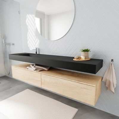 Mondiaz Alan badmeubel 200 cm washed oak 2 lades vrijhangend wastafel links 1 kraangat zwart