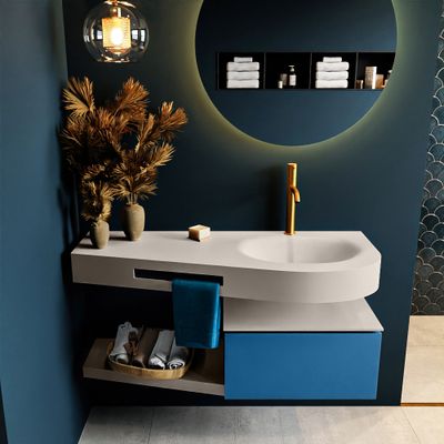 MONDIAZ RIVA 120cm badmeubel onderkast / planchet kleur Jeans met 1 lade. Wastafel DULCET rechts 1 kraangat kleur Linen.