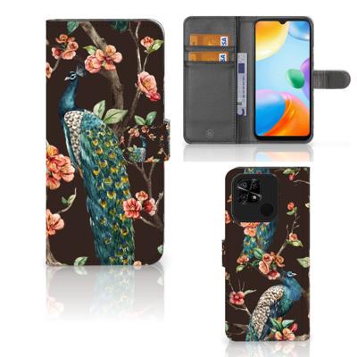 Xiaomi Redmi 10C | Telefoonhoesje | Met pasjeshouder | Pauw met Bloemen