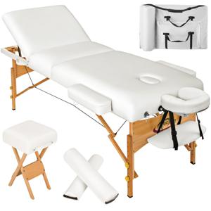 tectake® - Massagetafel matras 10 cm hoog en houten frame + rolkussens, draagtas en kruk - wit - 400186