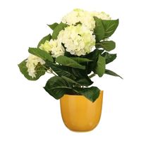 Hortensia kunstplant/kunstbloemen 36 cm - wit/groen - in pot okergeel glans