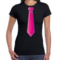 Verkleed t-shirt voor dames - stropdas roze - zwart - carnaval - foute party - verkleedshirt