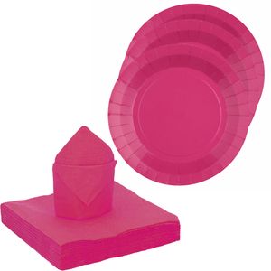 Feest/verjaardag servies set 10x gebaksbordjes/25x servetten - fuchsia roze - karton