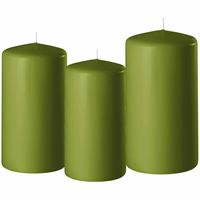 3x stuks olijf groene stompkaarsen 10-12-15 cm