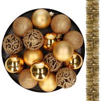 16x stuks kunststof kerstballen 6 cm incl. 2x st. kerstslingers goud - thumbnail