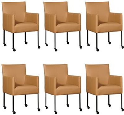 Set van 6 Bruine leren moderne kuipstoel Desire - poot rond zwart met wiel - Toledo Leer Camel (bruin leer)