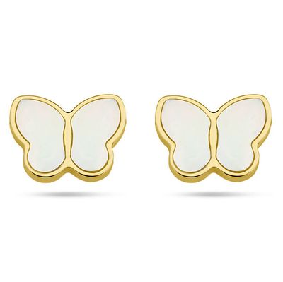 Oorknoppen Vlinder geelgoud-parelmoer wit 7 x 5 mm