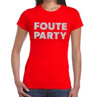 Foute Party zilveren glitter tekst t-shirt rood dames