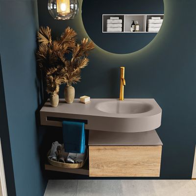 MONDIAZ RIVA 100cm badmeubel onderkast / planchet kleur Washed_Oak met 1 lade. Wastafel DULCET rechts 1 kraangat kleur Smoke. MONDIAZ RIVA 100cm badmeubel onderkast / planchet kleur Washed_Oak met 1 lade. Wastafel DULCET rechts 1 kraangat kleur Smoke.