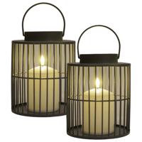 Windlicht/kaarsenhouder buiten lantaarn - 2x - antraciet grijs - 15 x 18 cm - metaal - Incl. LED kaa