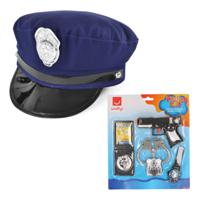 Carnaval verkleed politie agent set - pet/cap blauw met zilveren badge - pistool/badge/handboeien - thumbnail