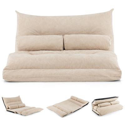 Inklapbare Vloerbank 3-In-1 Slaapbank met Slaapfunctie en Verstelbare Rugleuning Slaapbank met 2 Lendenkussens Klapbank Slaapstoel (Beige)