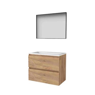 Basic-Line Framed 46 Badkamermeubelset - 80 x 46 cm - Greeploos - 2 Lades - Acryl Wastafel - 1 Kraangat - Spiegel met Zwart Aluminium Frame - Whisky Oak