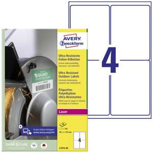 Avery-Zweckform L7915-40 Universele etiketten 99.1 x 139 mm Polyethyleen folie Wit 160 stuk(s) Permanent hechtend Laser (kleur), Laser (zwart/wit)