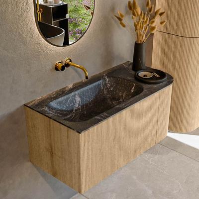 Mondiaz KURVE-DLUX 95 cm Onderkast Greeploos 1 Lade Met Deuren Oak, Wastafel Solid Surface Links Lava 0 Kraangaten Zonder Spiegel (KRVBGS95R1L1D0KL-Oak/Lav)
