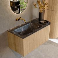 Mondiaz KURVE-DLUX 95 cm Onderkast Greeploos 1 Lade Met Deuren Oak, Wastafel Solid Surface Links Lava 0 Kraangaten Zonder Spiegel (KRVBGS95R1L1D0KL-Oak/Lav)