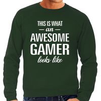 Awesome / geweldige gamer cadeau sweater groen heren - thumbnail