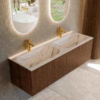 Badmeubel Mondiaz Kurve-Dlux | 140 cm | Meubelkleur Walnut | Wastafelkleur Nata | Solid surface | Wasbak beide zijden spoelbak | 2 kraangaten