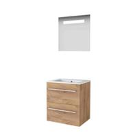 Basic-Line Economic 46 Badkamermeubelset - 60 x 46 cm - Met Grepen - 2 Lades - Keramische Wastafel - 1 Kraangat - Spiegel met LED Verlichting - Whisky Oak
