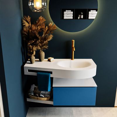MONDIAZ RIVA 100cm badmeubel onderkast / planchet kleur Jeans met 1 lade. Wastafel DULCET rechts 1 kraangat kleur Talc.
