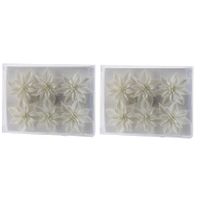 18x Kerstboomversiering witte glitter bloemen op steker 8 cm - thumbnail