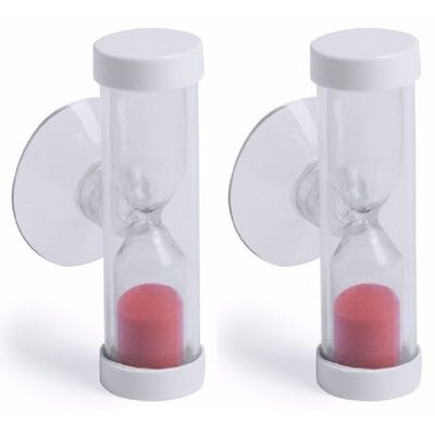 Badkamer / tandenpoets zandloper met zuignap 2 minuten rood 2x stuks