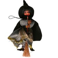 Halloween decoratie heksen pop op bezem - 20 cm - zwart/grijs