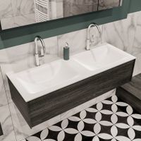Mondiaz Lush Cloud badmeubel eiken donker bruin 120 cm 1 lade solid surface dubbele spoelbak 2 kraangaten