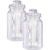 2x Glazen voorraadpotten/bewaarpotten 1,2 liter strepen relief 11 x 22 cm - Voorraadpot