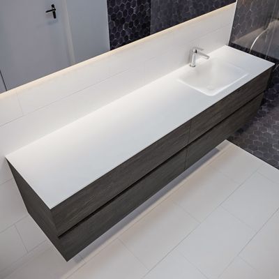 Mondiaz Vica Cloud badmeubel eiken donker bruin 200 cm 4 lades solid surface enkele spoelbak rechts 1 kraangat